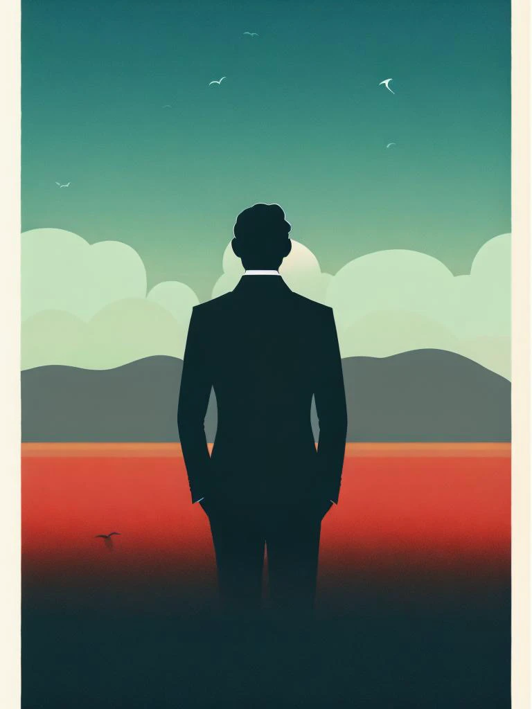 <lora:OllyMoss:1>a movie poster with a silhouette of a man standing in the middle of a field by Olly Moss