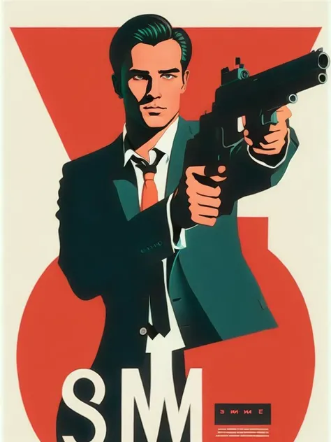 <lora:OllyMoss:1>a movie poster of a man with a gun in his hand and the words sme scoboee on it by Olly Moss