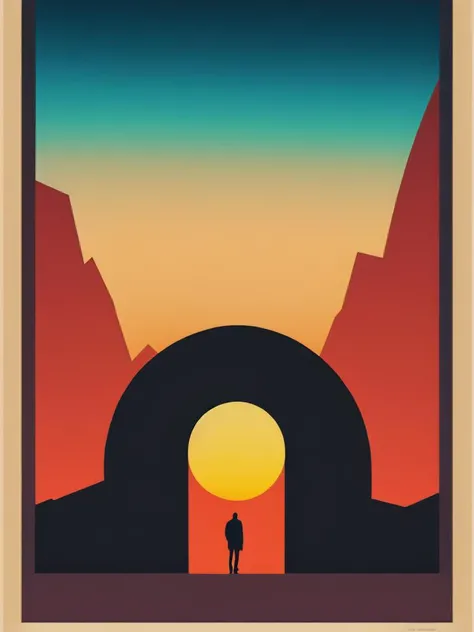 <lora:OllyMoss:1>a poster of a man standing in front of a tunnel with a sunset in the background by Olly Moss