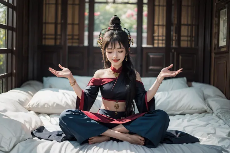 Buddhists scene, 1girl, perfect body, blue eyes, smile, (closed eyes)