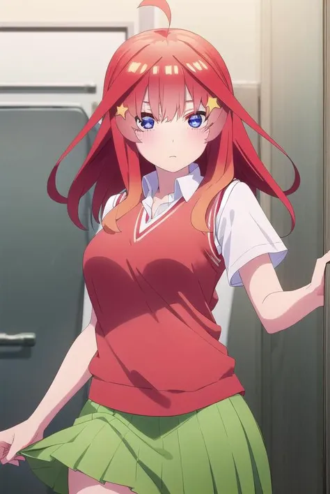 itsukinakano, <lora:itsuki nakano s2-lora-nochekaiser:1>,
itsuki nakano, bangs, blue eyes, hair between eyes, ahoge, red hair, star \(symbol\), hair ornament, star hair ornament,
BREAK skirt, shirt, school uniform, collarbone, white shirt, short sleeves, pleated skirt, socks, collared shirt, miniskirt, kneehighs, white socks, (green skirt:1.5), sweater vest, (red sweater vest:1.5),
BREAK indoors, classroom,
BREAK looking at viewer, (cowboy shot:1.5),
BREAK <lyco:GoodHands-beta2:1>, (masterpiece:1.2), best quality, high resolution, unity 8k wallpaper, (illustration:0.8), (beautiful detailed eyes:1.6), extremely detailed face, perfect lighting, extremely detailed CG, (perfect hands, perfect anatomy),