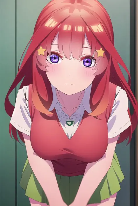 itsukinakano, <lora:itsuki nakano s2-lora-nochekaiser:1>, 
itsuki nakano, bangs, blue eyes, hair between eyes, ahoge, red hair, star \(symbol\), hair ornament, star hair ornament,
BREAK skirt, shirt, school uniform, collarbone, white shirt, short sleeves, pleated skirt, socks, collared shirt, miniskirt, kneehighs, white socks, (green skirt:1.5), sweater vest, (red sweater vest:1.5),
BREAK indoors, classroom,
BREAK looking at viewer, (cowboy shot:1.5),
BREAK <lyco:GoodHands-beta2:1>, (masterpiece:1.2), best quality, high resolution, unity 8k wallpaper, (illustration:0.8), (beautiful detailed eyes:1.6), extremely detailed face, perfect lighting, extremely detailed CG, (perfect hands, perfect anatomy),