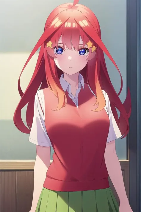 itsukinakano, <lora:itsuki nakano s2-lora-nochekaiser:1>,
itsuki nakano, bangs, blue eyes, hair between eyes, ahoge, red hair, star \(symbol\), hair ornament, star hair ornament,
BREAK skirt, shirt, school uniform, collarbone, white shirt, short sleeves, pleated skirt, socks, collared shirt, miniskirt, kneehighs, white socks, (green skirt:1.5), sweater vest, (red sweater vest:1.5),
BREAK indoors, classroom,
BREAK looking at viewer, (cowboy shot:1.5),
BREAK <lyco:GoodHands-beta2:1>, (masterpiece:1.2), best quality, high resolution, unity 8k wallpaper, (illustration:0.8), (beautiful detailed eyes:1.6), extremely detailed face, perfect lighting, extremely detailed CG, (perfect hands, perfect anatomy),