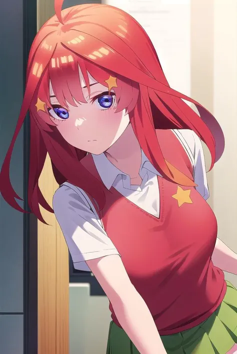 itsukinakano, <lora:itsuki nakano s2-lora-nochekaiser:1>, 
itsuki nakano, bangs, blue eyes, hair between eyes, ahoge, red hair, star \(symbol\), hair ornament, star hair ornament,
BREAK skirt, shirt, school uniform, collarbone, white shirt, short sleeves, pleated skirt, socks, collared shirt, miniskirt, kneehighs, white socks, (green skirt:1.5), sweater vest, (red sweater vest:1.5),
BREAK indoors, classroom,
BREAK looking at viewer, (cowboy shot:1.5),
BREAK <lyco:GoodHands-beta2:1>, (masterpiece:1.2), best quality, high resolution, unity 8k wallpaper, (illustration:0.8), (beautiful detailed eyes:1.6), extremely detailed face, perfect lighting, extremely detailed CG, (perfect hands, perfect anatomy),