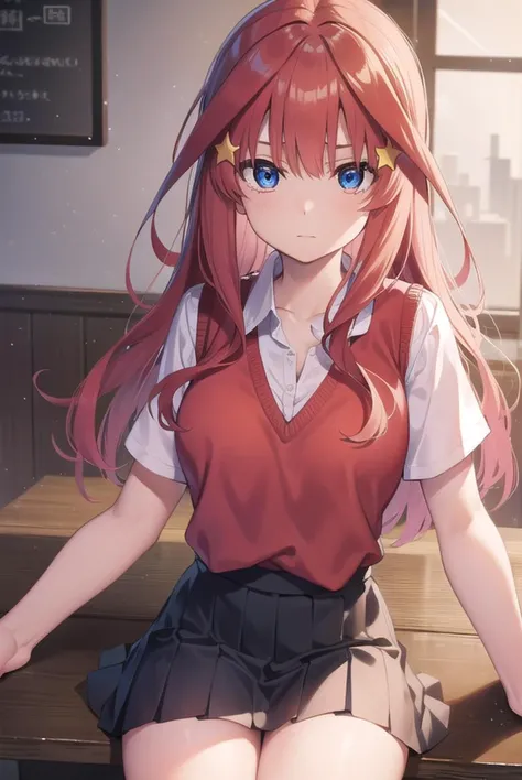 itsukinakano, <lora:itsukinakanotest:1>, itsuki nakano, bangs, blue eyes, hair between eyes, ahoge, red hair, star \(symbol\), hair ornament, star hair ornament,
BREAK skirt, shirt, school uniform, collarbone, white shirt, short sleeves, pleated skirt, socks, collared shirt, miniskirt, kneehighs, white socks, green skirt, sweater vest, red sweater vest,
BREAK indoors, school, classroom,
BREAK looking at viewer, BREAK <lora:GoodHands-vanilla:1>, (masterpiece:1.2), best quality, high resolution, unity 8k wallpaper, (illustration:0.8), (beautiful detailed eyes:1.6), extremely detailed face, perfect lighting, extremely detailed CG, (perfect hands, perfect anatomy),