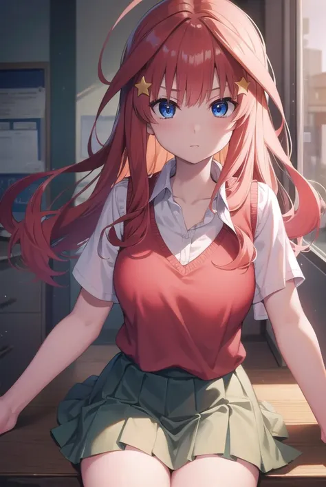 itsukinakano, <lora:itsukinakanotest:1>, itsuki nakano, bangs, blue eyes, hair between eyes, ahoge, red hair, star \(symbol\), hair ornament, star hair ornament,
BREAK skirt, shirt, school uniform, collarbone, white shirt, short sleeves, pleated skirt, socks, collared shirt, miniskirt, kneehighs, white socks, green skirt, sweater vest, red sweater vest,
BREAK indoors, school, classroom,
BREAK looking at viewer, BREAK <lora:GoodHands-vanilla:1>, (masterpiece:1.2), best quality, high resolution, unity 8k wallpaper, (illustration:0.8), (beautiful detailed eyes:1.6), extremely detailed face, perfect lighting, extremely detailed CG, (perfect hands, perfect anatomy),