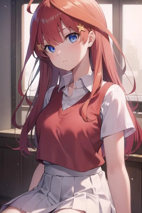 itsukinakano, <lora:itsukinakanotest:1>, itsuki nakano, bangs, blue eyes, hair between eyes, ahoge, red hair, star \(symbol\), hair ornament, star hair ornament,
BREAK skirt, shirt, school uniform, collarbone, white shirt, short sleeves, pleated skirt, socks, collared shirt, miniskirt, kneehighs, white socks, green skirt, sweater vest, red sweater vest,
BREAK indoors, school, classroom,
BREAK looking at viewer, BREAK <lora:GoodHands-vanilla:1>, (masterpiece:1.2), best quality, high resolution, unity 8k wallpaper, (illustration:0.8), (beautiful detailed eyes:1.6), extremely detailed face, perfect lighting, extremely detailed CG, (perfect hands, perfect anatomy),