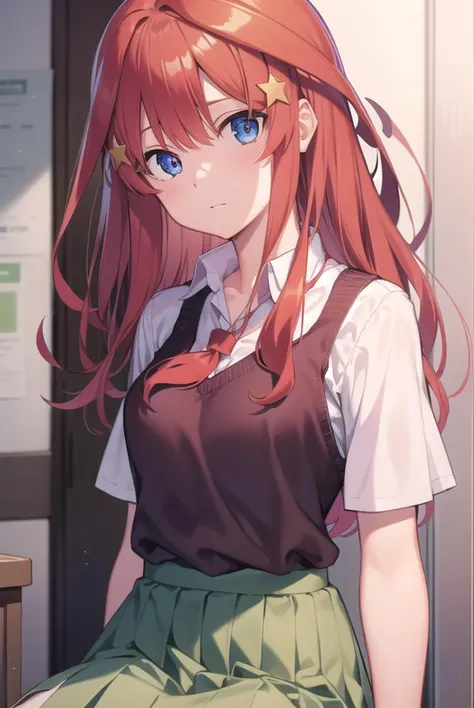 itsukinakano, <lora:itsukinakanotest:1>, itsuki nakano, bangs, blue eyes, hair between eyes, ahoge, red hair, star \(symbol\), hair ornament, star hair ornament,
BREAK skirt, shirt, school uniform, collarbone, white shirt, short sleeves, pleated skirt, socks, collared shirt, miniskirt, kneehighs, white socks, green skirt, sweater vest, red sweater vest,
BREAK indoors, school, classroom,
BREAK looking at viewer, BREAK <lora:GoodHands-vanilla:1>, (masterpiece:1.2), best quality, high resolution, unity 8k wallpaper, (illustration:0.8), (beautiful detailed eyes:1.6), extremely detailed face, perfect lighting, extremely detailed CG, (perfect hands, perfect anatomy),