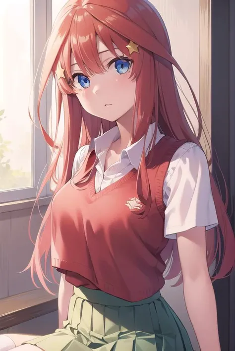 itsukinakano, <lora:itsukinakanotest:1>, itsuki nakano, bangs, blue eyes, hair between eyes, ahoge, red hair, star \(symbol\), hair ornament, star hair ornament,
BREAK skirt, shirt, school uniform, collarbone, white shirt, short sleeves, pleated skirt, socks, collared shirt, miniskirt, kneehighs, white socks, green skirt, sweater vest, red sweater vest,
BREAK indoors, school, classroom,
BREAK looking at viewer, BREAK <lora:GoodHands-vanilla:1>, (masterpiece:1.2), best quality, high resolution, unity 8k wallpaper, (illustration:0.8), (beautiful detailed eyes:1.6), extremely detailed face, perfect lighting, extremely detailed CG, (perfect hands, perfect anatomy),