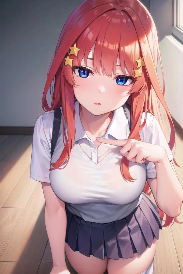 itsukinakano, <lora:itsukinakano-lora-nochekaiser:1>,
itsuki nakano, bangs, blue eyes, hair between eyes, ahoge, red hair, star \(symbol\), hair ornament, star hair ornament, <lora:smirkingeye_v100:1>,
BREAK skirt, shirt, school uniform, collarbone, white shirt, short sleeves, pleated skirt, socks, collared shirt, miniskirt, kneehighs, white socks, green skirt, sweater vest, red sweater vest,
BREAK indoors, school, classroom,
BREAK <lyco:GoodHands-beta2:1>, (masterpiece:1.2), best quality, high resolution, unity 8k wallpaper, (illustration:0.8), (beautiful detailed eyes:1.6), extremely detailed face, perfect lighting, extremely detailed CG, (perfect hands, perfect anatomy),