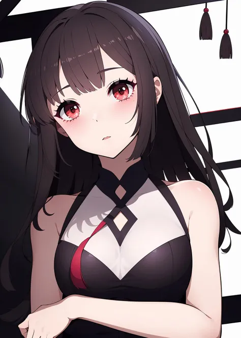 Black hair, carmesin eyes, red EYEs, beach