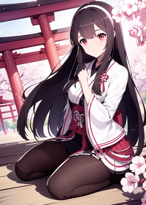 1girl, solo, long hair, bangs, red eyes, black hair, very long hair, hairband,
japanese clothes, japanese armor, seiza, concentrating, solo focus, torii, stone path, hands on own knees, looking at viewer,
pantyhose, skirt, gloves, flower, clothing cutout,
<lora:aki_meinamix_v1:0.75>
