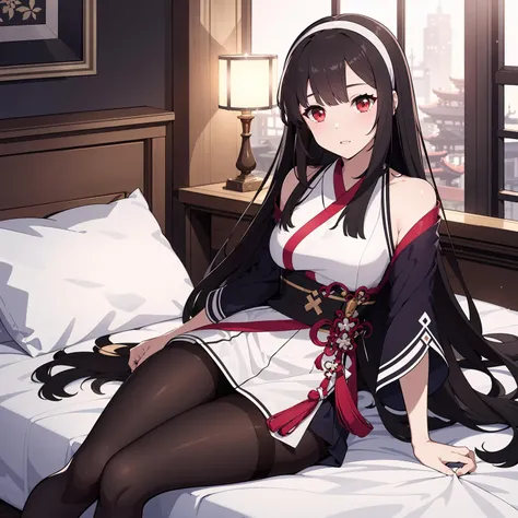 1girl, solo, long hair, bangs, red eyes, black hair, very long hair, hairband,
arm support, bare shoulders, sitting, arm support,
miniskirt, japanese clothes, pantyhose,
bedroom, fantasy, luxurious, luxurious surroundings, genshin impact,
<lora:aki_darksushi_v1:0.65>