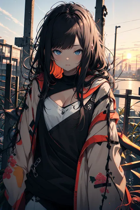 cleavage,1girl,outdoor, dusk, <lora:aki:1>