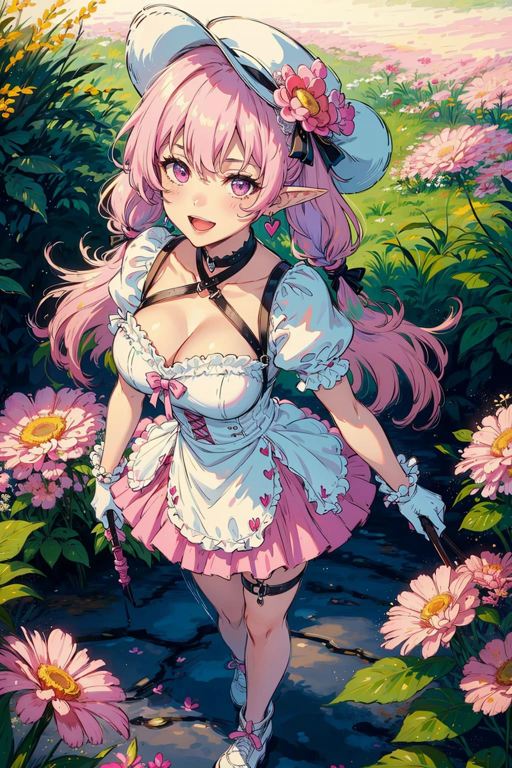 1girl, solo,( pink headwear:1.1), hat, standing,( from above:1.2), long hair, pink hair,holding, dress,purple eyes, pointy ears, smile, breasts,( outdoor:1.2),short sleeves, white hair, jewelry, looking at viewer, bag, bangs, open mouth, holding wand, bow, wand, virtual youtuber, ribbon, black bow, shoulder bag, criss-cross halter, earrings, staff, puffy sleeves, :d, halterneck, handbag, puffy short sleeves, bracelet, medium breasts, thigh strap, shoes, white footwear, blue dress, multicolored hair, holding staff, cleavage, heart, choker, bridal garter, hat bow, straight-on, bare legs, pink bow, hair ribbon, twintails, hair ornament, gradient dress, hair bow, white dress, pink bag, blush, bead bracelet, ankle strap, braid, high heels, sun hat, wavy hair, white headwear, cleavage cutout, (pink ribbon:1.2), hair between eyes, frills, (flowers:1.1), hat ribbon, collarbone, mole, sidelocks, skirt, (gloves:1.1),( pink flower:1.1), beads,, wrist cuffs, elf, black choker