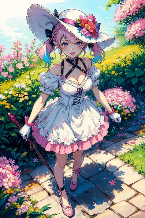 1girl, solo,( pink headwear:1.1), hat, standing,( from above:1.2), long hair, pink hair,holding, dress,purple eyes, pointy ears, smile, breasts,( outdoor:1.2),short sleeves, white hair, jewelry, looking at viewer, bag, bangs, open mouth, holding wand, bow, wand, virtual youtuber, ribbon, black bow, shoulder bag, criss-cross halter, earrings, staff, puffy sleeves, :d, halterneck, handbag, puffy short sleeves, bracelet, medium breasts, thigh strap, shoes, white footwear, blue dress, multicolored hair, holding staff, cleavage, heart, choker, bridal garter, hat bow, straight-on, bare legs, pink bow, hair ribbon, twintails, hair ornament, gradient dress, hair bow, white dress, pink bag, blush, bead bracelet, ankle strap, braid, high heels, sun hat, wavy hair, white headwear, cleavage cutout, (pink ribbon:1.2), hair between eyes, frills, (flowers:1.1), hat ribbon, collarbone, mole, sidelocks, skirt,  (gloves:1.1),( pink flower:1.1), beads,, wrist cuffs, elf, black choker