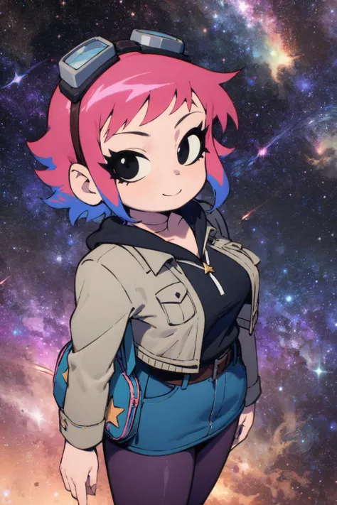 Ramona_Flowers,short hair,black eyes,1girl, solo, medium breasts,looking at viewer,smile,
BREAK
goggles on head, 
hoodie,grey jacket,long sleeves,
shoulder bag,star (symbol),
belt,
denim skirt,
purple pantyhose,
(galaxy background,star \(sky\),sky, space, starry sky, galaxy, wide-eyed:1.3),from above, 
<lora:Ramona_Flowers-08:0.7>