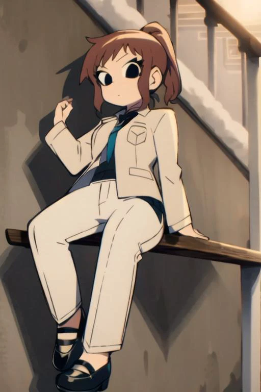 <lora:Ramona_Flowers:1> black eyes, brown hair, white pants suit, flat shoes, ponytail<lyco:GoodHands-beta2:1.0>