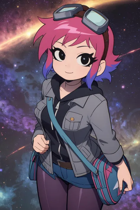 Ramona_Flowers,short hair,black eyes,1girl, solo, medium breasts,looking at viewer,smile,
BREAK
goggles on head, 
hoodie,grey jacket,long sleeves,
shoulder bag,star (symbol),
belt,
denim skirt,
purple pantyhose,
(galaxy background,star \(sky\),sky, space, starry sky, galaxy, wide-eyed:1.3),from above, <lora:Ramona_Flowers:0.7>, <lora:lcm-lora-sdvl1-5:0.3>