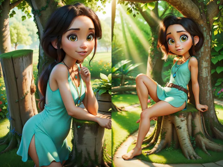 <lora:Dawn_Betterman_03:0.6>,
beautiful, masterpiece, simple background, best quality, detailled image, colorfull, vibrant colors,
1girl, Dawn_Betterman, solo, aqua dress, brown eyes, black hair, necklace, shirt, sleeveless, cute,
(SFW), chibi,
BREAK, nature, outdoors, sitting, sunlight, tree, tree stump, ((ultra wide angle)), (depth of field),
PIXAR, CARTOON,