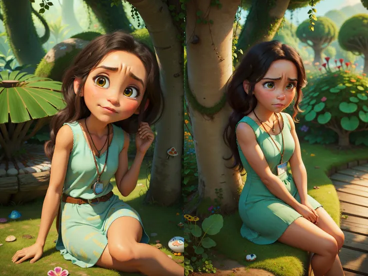 <lora:Dawn_Betterman_03:0.6>,
beautiful, masterpiece, simple background, best quality, detailled image, colorfull, vibrant colors,
1girl, Dawn_Betterman, solo, aqua dress, brown eyes, black hair, necklace, shirt, sleeveless, cute,
(SFW), [chibi], chubby, sad, unhappy, tears,
bushes, green theme, moss, mushrooms, nature, sitting, 
PIXAR, CARTOON,