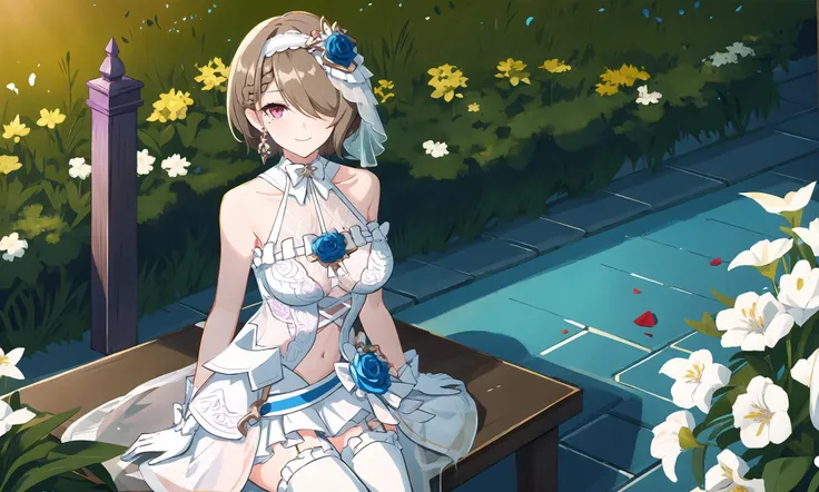 <lora:rita_v1:0.8>,1girl, solo, rita rossweisse, looking at viewer, white dress, wedding dress, thighhighs, red eyes, purple eyes, hair over one eye, brown hair, short hair, hair ornament, flower, earrings, mole, veil, mole under eye, jewelry, blue flower, blue rose, petals, white gloves, large breasts, bridal veil, bride, bangs, bare shoulders, covered navel, closed mouth, smile, bow,
breasts focus, cleavage, viewfinder, sitting, table, coffee,
outdoors, garden, gazebo, white day, light rays, sunbeam, face lighting,cinematic lighting,caustics,