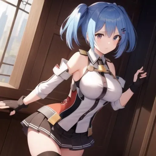 (masterpiece, best quality:1.2),illustration,8k,hd,1girl,solo,cowboy shot,prinz eugen (warship girls r),blue hair,red eyes,thighhighs,twintails,skirt,breasts,hair ornament,detached sleeves,gloves,iron cross,fingerless gloves,cross,<lora:Prinz Eugen(KanR)>,