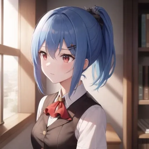 (masterpiece, best quality:1.2),illustration,8k,hd,1girl,solo,upper body,(portrait:1.2),prinz eugen (warship girls r),ascot,blue hair,short skirt,white shirt,blue skirt,ponytail,Short sleeve shirt,vest,pleated skirt,zettai ryouiki,black thighhighs,red eyes,loafers,hair ornament,<lora:Prinz Eugen(KanR)>,