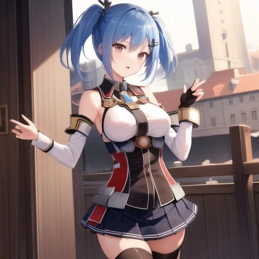 best qualityer, work of art, 1 girl, standing alone, hair blue, hair over one eye, multicolored hair, twintails, Red hair, Eyes red, two tone hair, (比基尼_armour:1.1), sexly, ssmile, blush, looking ahead at viewer