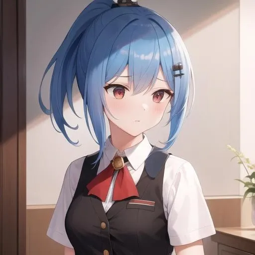 (masterpiece, best quality:1.2),illustration,8k,hd,1girl,solo,upper body,(portrait:1.2),prinz eugen (warship girls r),ascot,blue hair,short skirt,white shirt,blue skirt,ponytail,Short sleeve shirt,vest,pleated skirt,zettai ryouiki,black thighhighs,red eyes,loafers,hair ornament,<lora:Prinz Eugen(KanR)>,