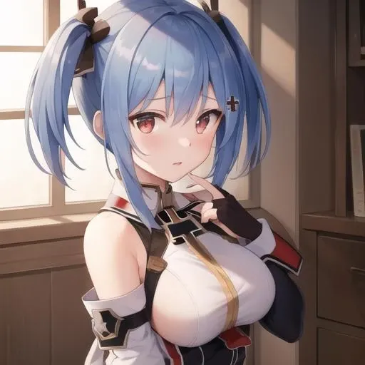 (masterpiece, best quality:1.2),illustration,8k,hd,1girl,solo,upper body,(portrait:1.2),prinz eugen (warship girls r),breasts,blue hair,red eyes,thighhighs,twintails,skirt,pleated skirt,hair ornament,detached sleeves,gloves,short hair,iron cross,fingerless gloves,cross,<lora:Prinz Eugen(KanR)>,