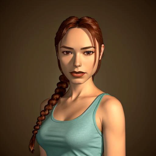 1girl, british woman, vintagelara, portrait, looking at the viewer, focus on face,( single braid:1.2), light blue tank top, <lora:Vintage_Lara_Croft:1>