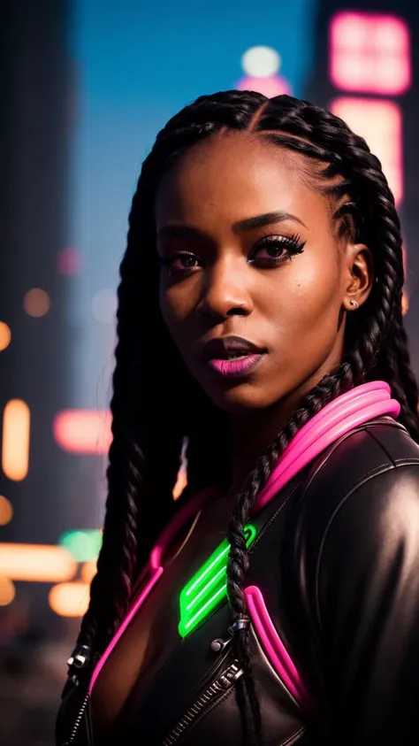 RAW photo of a 26 y.o black woman, ((wearing a cyberpunk costume)), average looking person, (dark skin), long braided hair, bright eye makeup, neon lipstick, (detailed face), fit body, ((half body)), standing in a dystopian futuristic city, during sunset, at dusk, (high detailed skin:1.2), 8k uhd, dslr, soft lighting, high quality, film grain, Fujifilm XT3, analog style