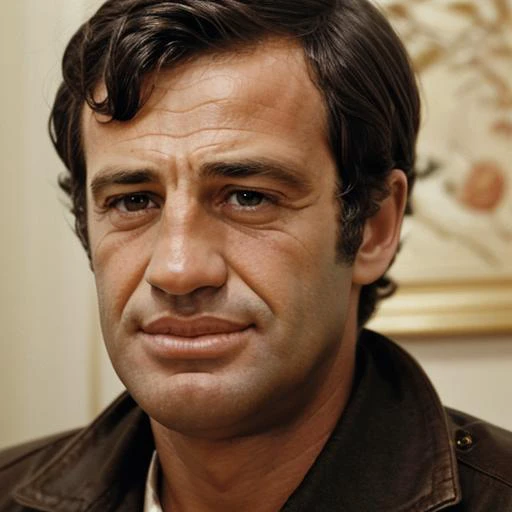1boy, jpbelmondo, man, mid-forties, looking at the viewer, focus on face, portrait, solo, blurry background, <lora:Jean-Paul_Belmondo:1>