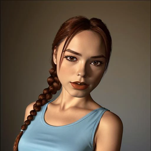 1girl, british woman, vintagelara, portrait, looking at the viewer, focus on face,( single braid:1.2), light blue tank top, <lora:Vintage_Lara_Croft:1>