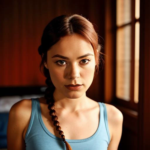 1girl, british woman, vintagelara, portrait, looking at the viewer, focus on face,( single braid:1.2), light blue tank top, <lora:Vintage_Lara_Croft:1>