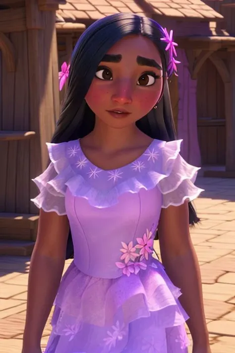 isabela madrigal, dark skin, default outfit, hair flower, upper body <lora:Isabela Madrigal_v1:1>