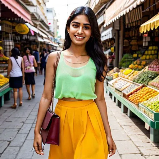 23 year old Indian woman. See through tank top. Knee length skirt. Smiling. Walking in a street market. Sunny weather. Carrying shopping bags.