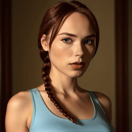 1girl, british woman, vintagelara, portrait, looking at the viewer, focus on face,( single braid:1.2), light blue tank top, <lora:Vintage_Lara_Croft:1>