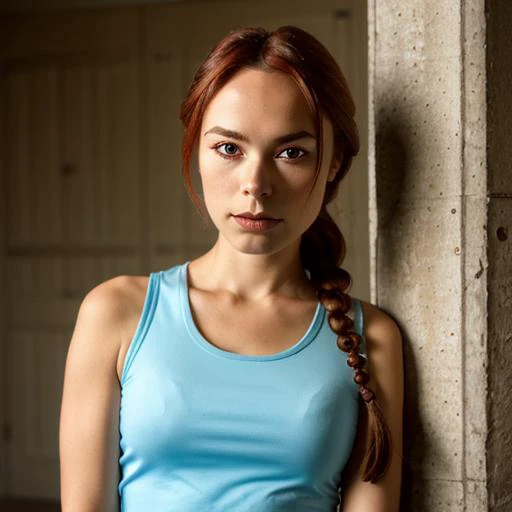 1girl, british woman, vintagelara, portrait, looking at the viewer, focus on face,( single braid:1.2), light blue tank top, <lora:Vintage_Lara_Croft:1>