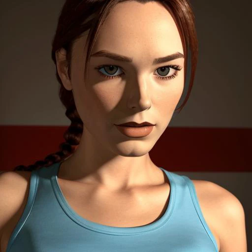 1girl, british woman, vintagelara, portrait, looking at the viewer, focus on face,( single braid:1.2), light blue tank top, <lora:Vintage_Lara_Croft:1>