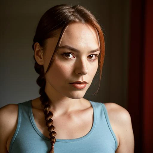 1girl, british woman, vintagelara, portrait, looking at the viewer, focus on face,( single braid:1.2), light blue tank top, <lora:Vintage_Lara_Croft:1>