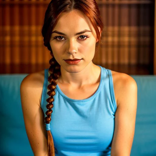 1girl, british woman, vintagelara, portrait, looking at the viewer, focus on face,( single braid:1.2), light blue tank top, <lora:Vintage_Lara_Croft:1>