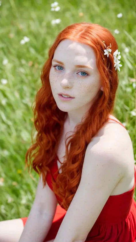 RAW photo of a 22 y.o irish woman, average looking person, red hair, wearing a white sundress, freckles, (detailed face), thin body, ((half body)), sitting in the grass, (high detailed skin:1.2), 8k uhd, dslr, soft lighting, high quality, film grain, Fujifilm XT3