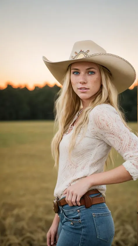 RAW photo of a 24 y.o southern white woman, average looking person, blonde hair, wearing a cowgirl hat and brown boots, freckles, (detailed face), fit body, ((half body)), working on the farm, (high detailed skin:1.2), 8k uhd, dslr, soft lighting, high quality, film grain, Fujifilm XT3