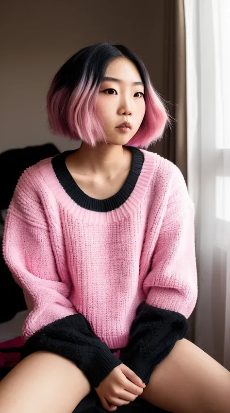 RAW photo of a 20 y.o [[japanese]] (american) woman, sitting in her messy room, ((wearing oversized sweater)), (detailed face), pink hair, grunge, ((visual kai)), emo, ((pastel goth)), wearing short skirt, wearing goth makeup, curvy body, large breasts, ((full body)), (high detailed skin:1.2), 8k uhd, dslr, soft lighting, high quality, film grain, Fujifilm XT3