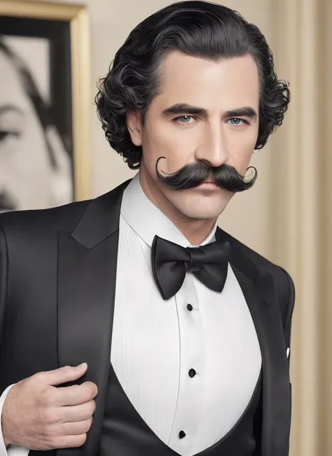 3/4 view,(8k, RAW, best quality, masterpiece:1.2), (realistic, photorealistic:1.37), ultra-detailed, (high detailed skin:1.2),realistic face, perfect eyes, black mustache from 1920, (styled black hair:1.2),tuxedo,white formal shirt, in a dark bedroom,realistic background