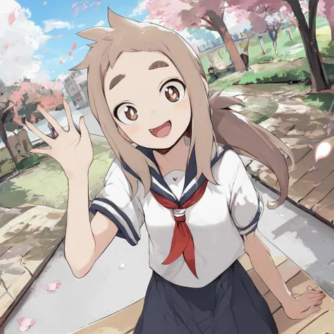 score_9,score_8_up,score_7_up,source_anime,1girl,upper body,looking at viewer,
 mina hibino, 1girl, light brown hair, spiked hair, long hair, low ponytail, thick eyebrows, white pupils, brown eyes, small breasts, serafuku, short sleeves, sailor collar, red neckerchief, black skirt, smile, happy, eye focus, dutch angle, cowboy shot, waving, sitting, park bench, park, cityscape, cherry blossoms, falling petals, grass, flower, tree, blue sky, cloud,
 <lora:minaXL_LoRA-C3Lier_AdamW_Dim8_Alpha8_UN-3e-4_TE-1.5e-4_10batch_ponyDiffusionV6XL_v6StartWithThisOne:1>