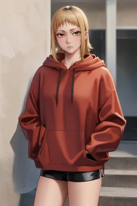 (masterpiece, best quality:1.2), cowboy shot, solo, 1girl, sawatari akane, expressionless, looking at viewer, hands in pockets, red hoodie, black shorts <lora:csm_sawatari:1.0>