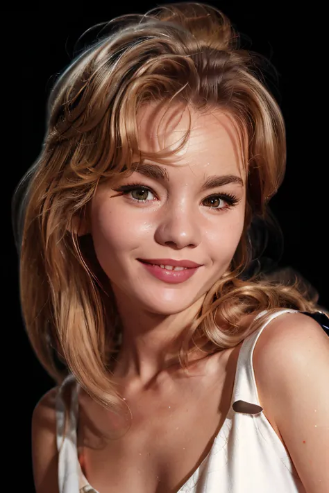 in the 1950's style, actress publicity shot, period dress, full body, blonde, thin, petite, vintage photo, living room, cleavage, detail eyes, grin, naughty, dark, eyes sparkle, backlit, bokeh,  deep shadows, bright foreground, aura, (8k uhd), high detailed skin, Hair, RAW photo, realistic, skin texture, absurdres, high quality, film grain, HD, <lora:TWE:1.2>